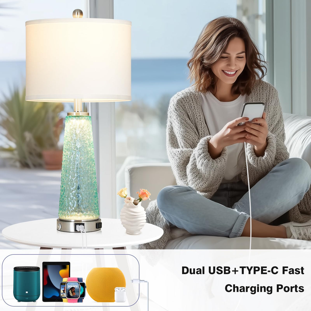 26" Glass Table Lamps with USB A+C Ports & Outlet J3783