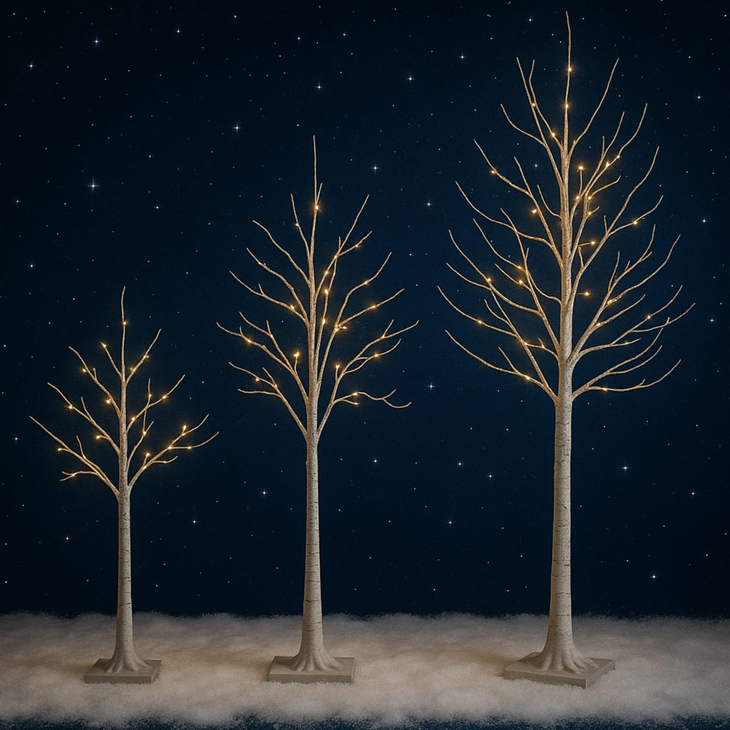 Pre-Lit Artificial White Birch Trees with LED Lights Set of 3 O18150