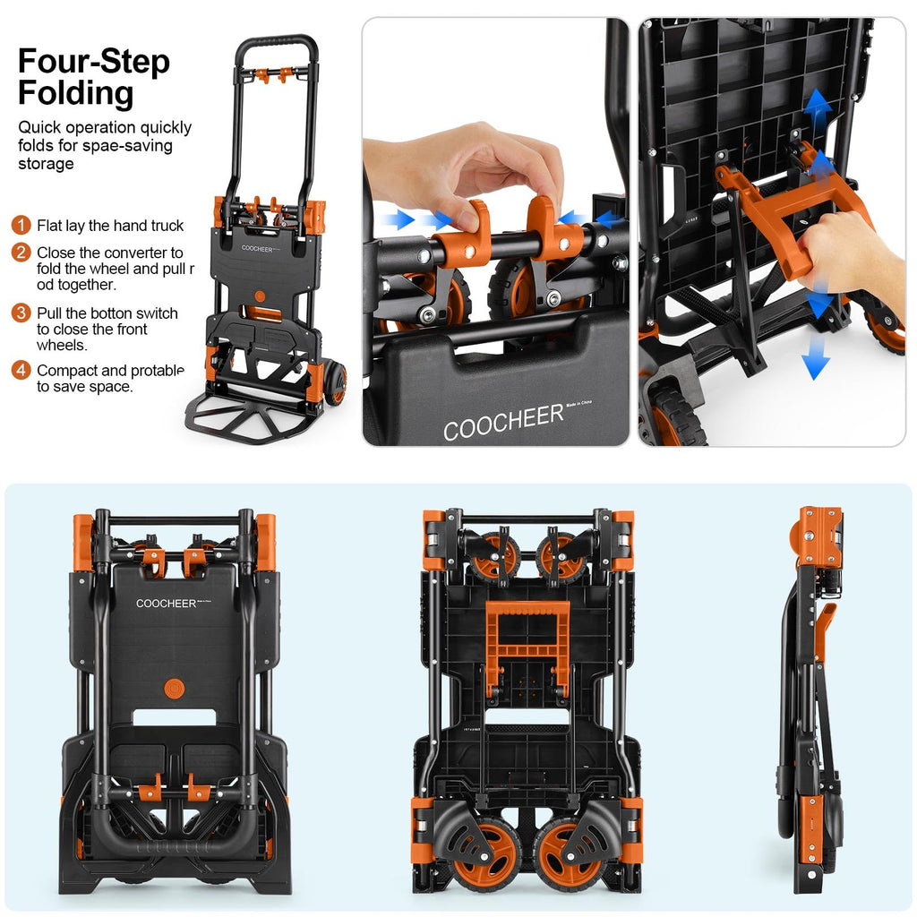 Folding Hand Truck Dolly, 330lb 4 to 2 Wheel Moving Cart, Orange N6910