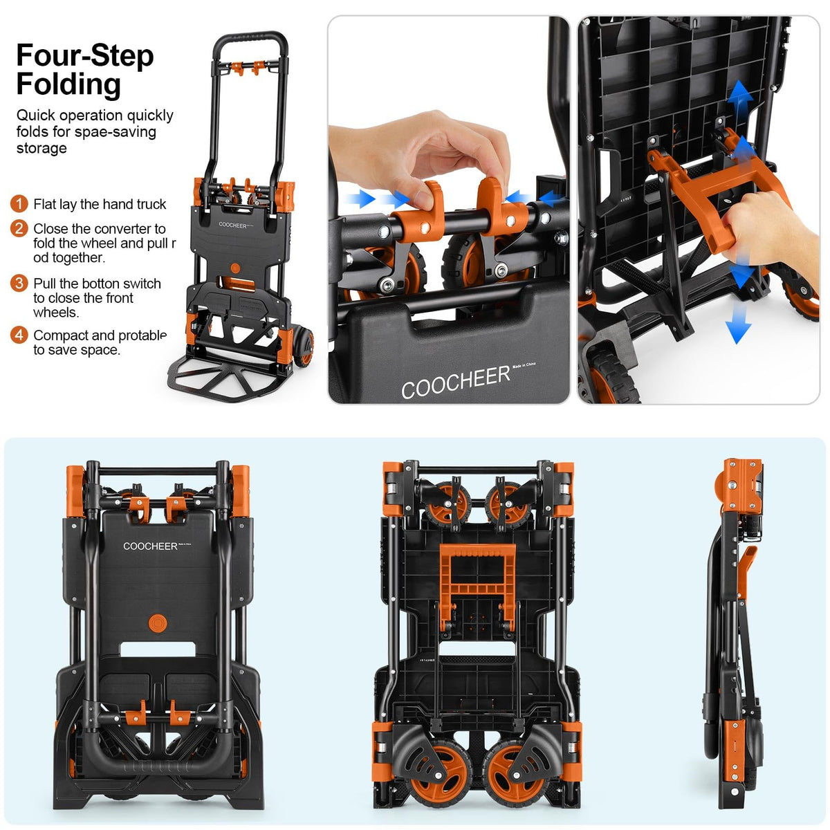 Folding Hand Truck Dolly, 330lb 4 to 2 Wheel Moving Cart, Orange N6910