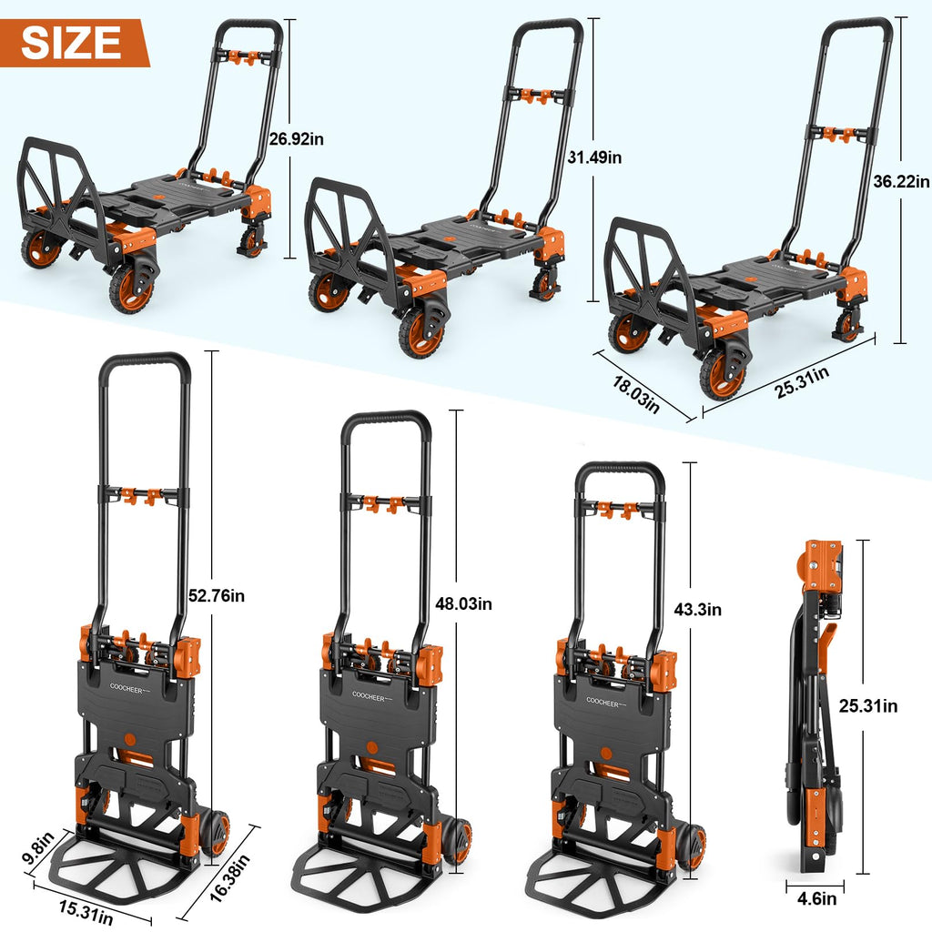 Folding Hand Truck Dolly, 330lb 4 to 2 Wheel Moving Cart, Orange N6910