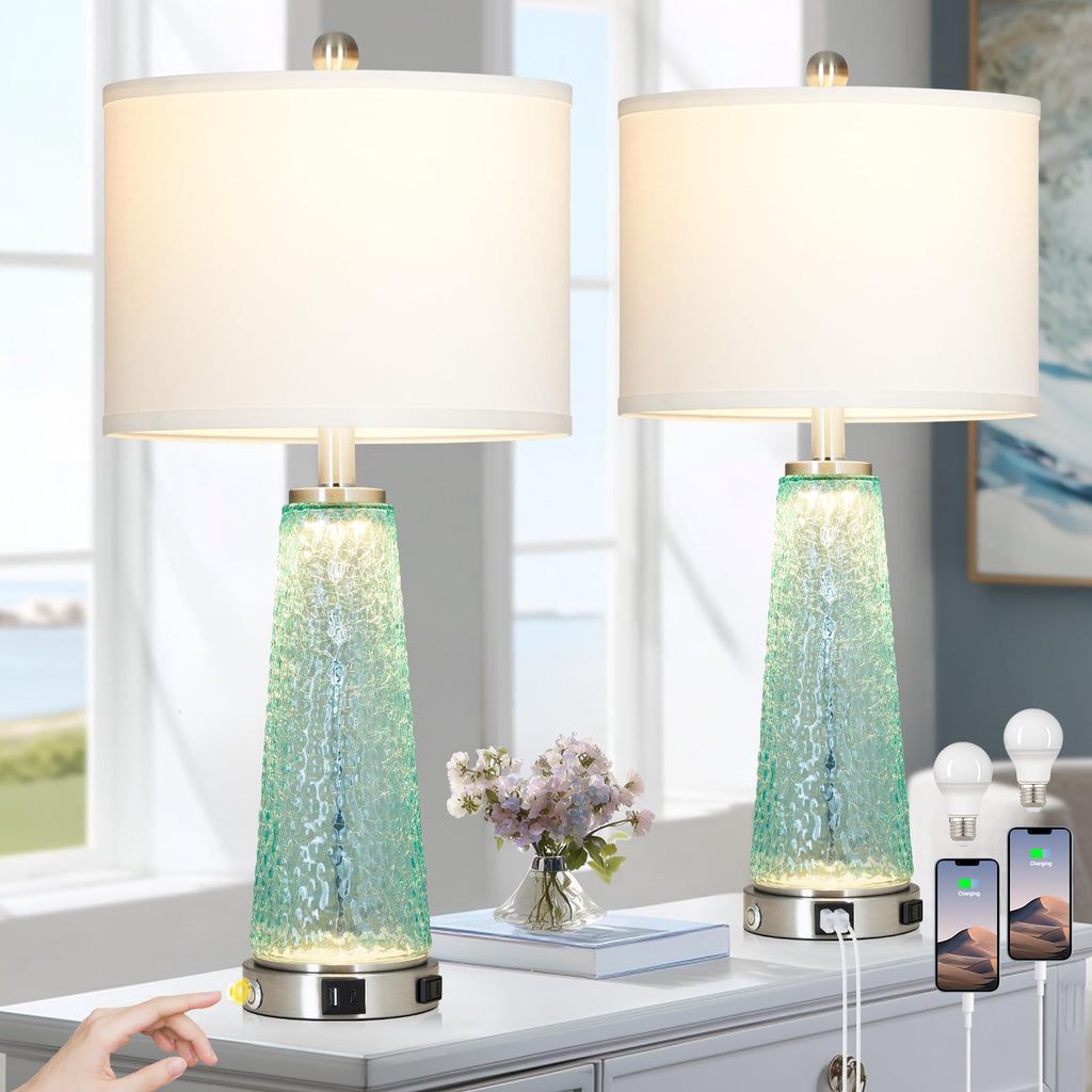 26" Glass Table Lamps with USB A+C Ports & Outlet J3783
