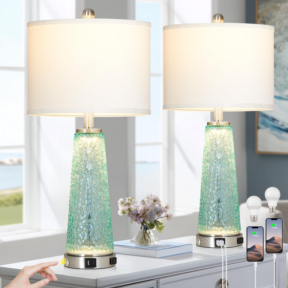 26" Glass Table Lamps with USB A+C Ports & Outlet J3783