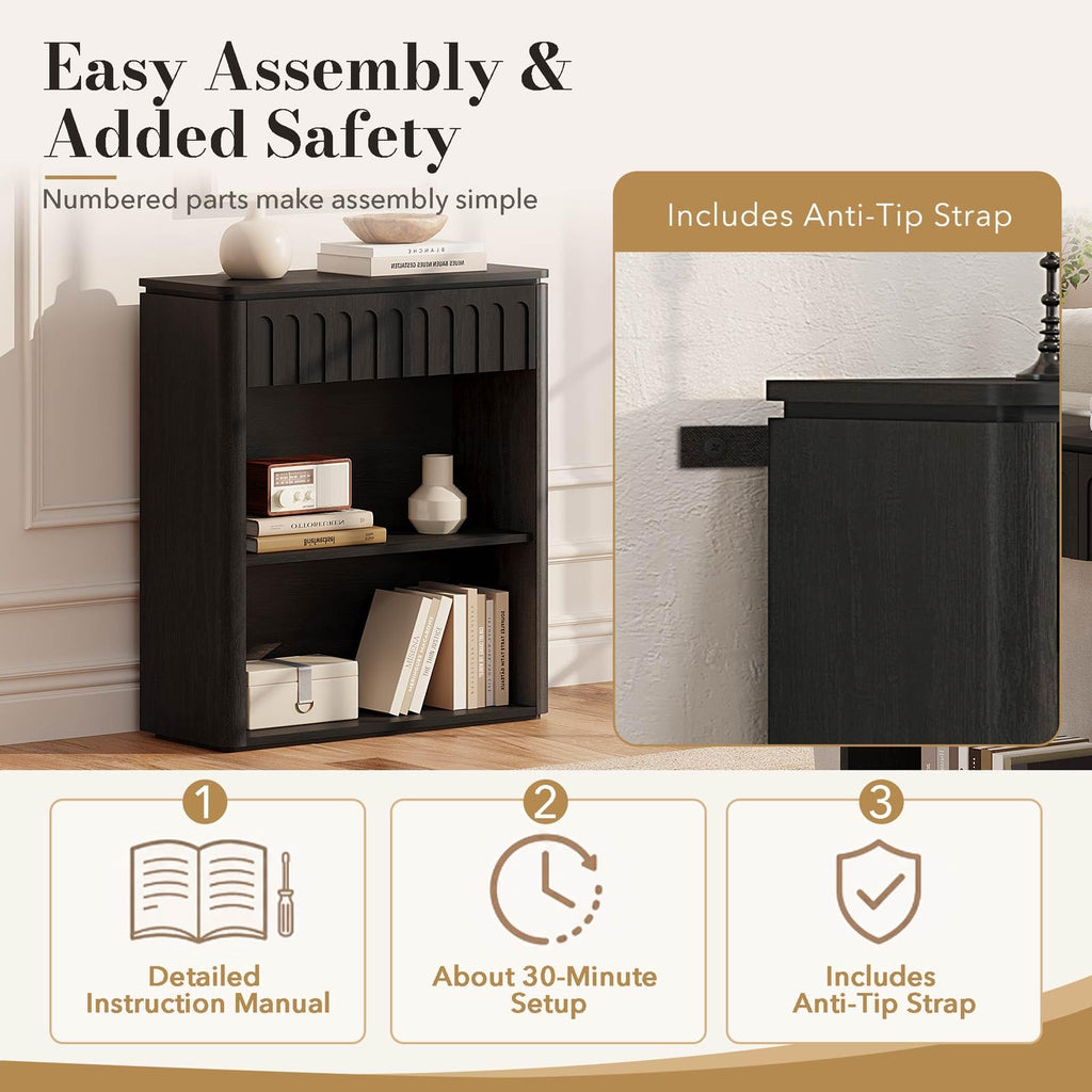 Black Wood Grain Console Table and 3 Tier Bookshelf Set S95741