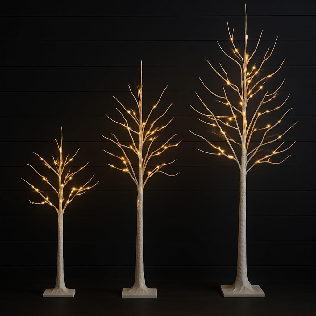 Pre-Lit Artificial White Birch Trees with LED Lights Set of 3 O18150