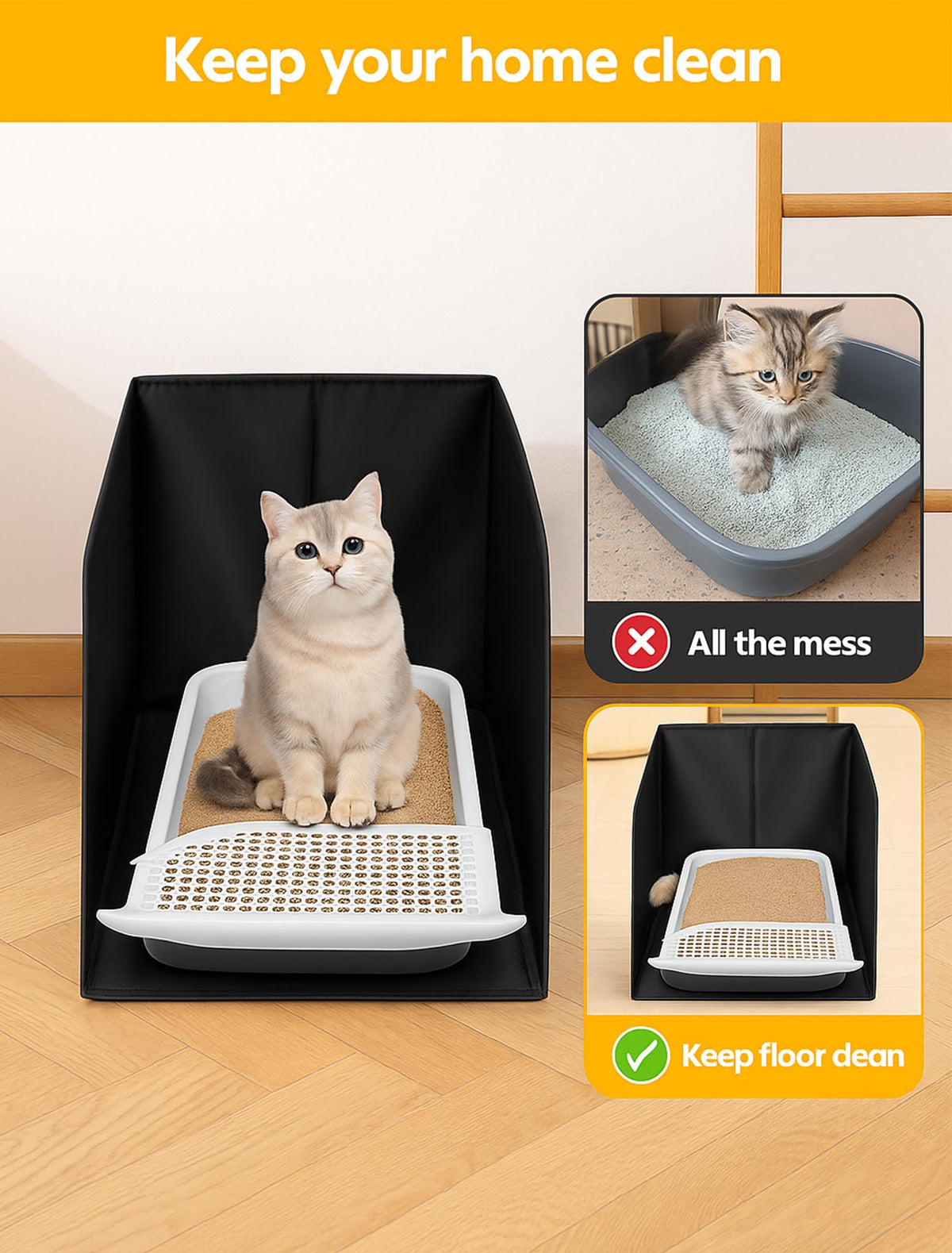 Black Waterproof Cat Litter Box Enclosure with Removable Mat P851734