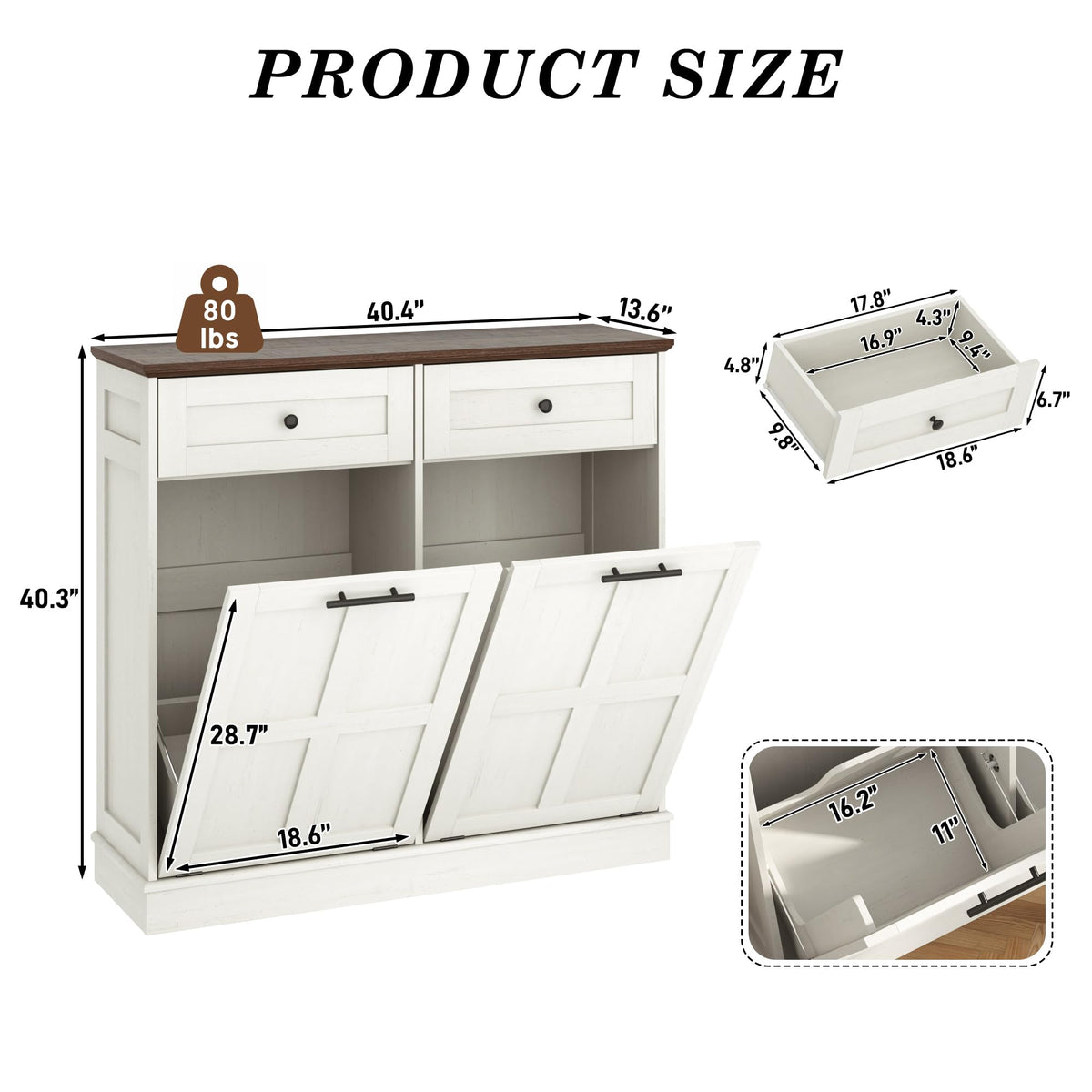 Antique White 26 Gallons Wood Trash Can Cabinet with Drawers J6768
