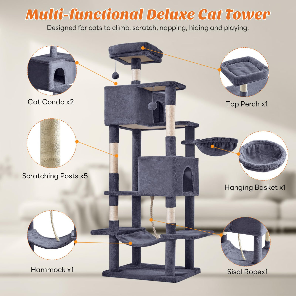 66 Inch Cat Tree Tower with Scratching Posts T726464