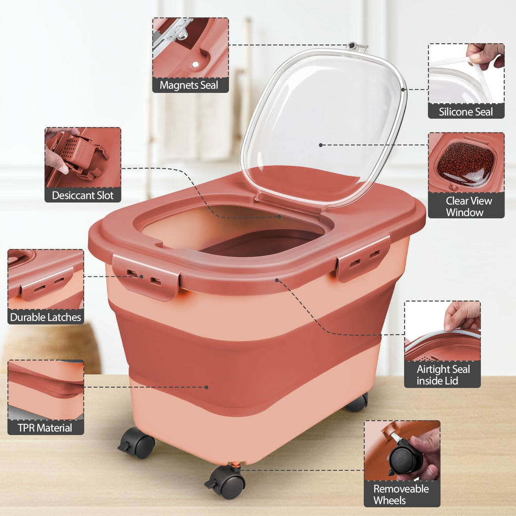 Collapsible Pet Food Storage Container with Wheel, Cup and Scoop I300479