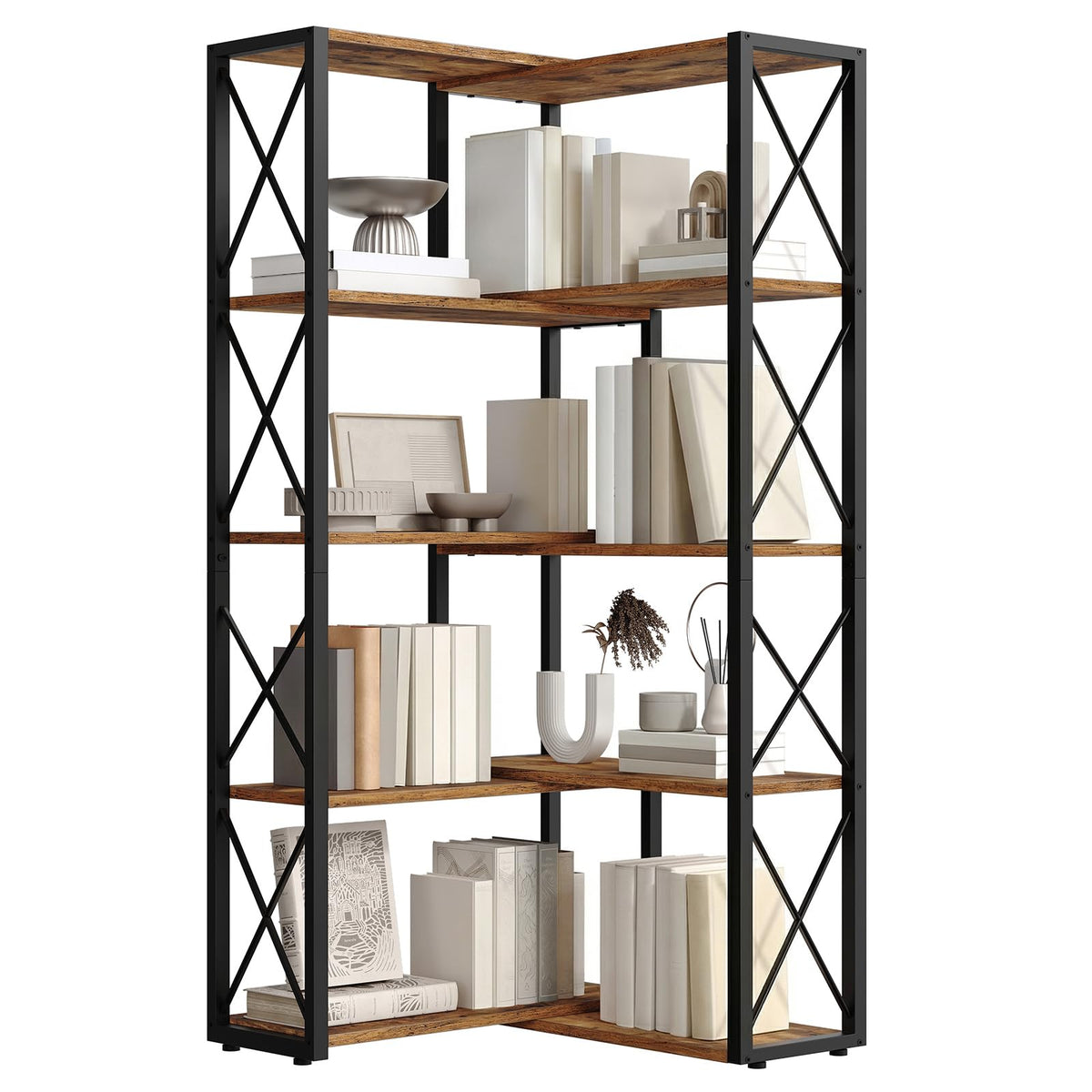 5-Tier Rustic Brown and Black Corner Bookshelf U31025
