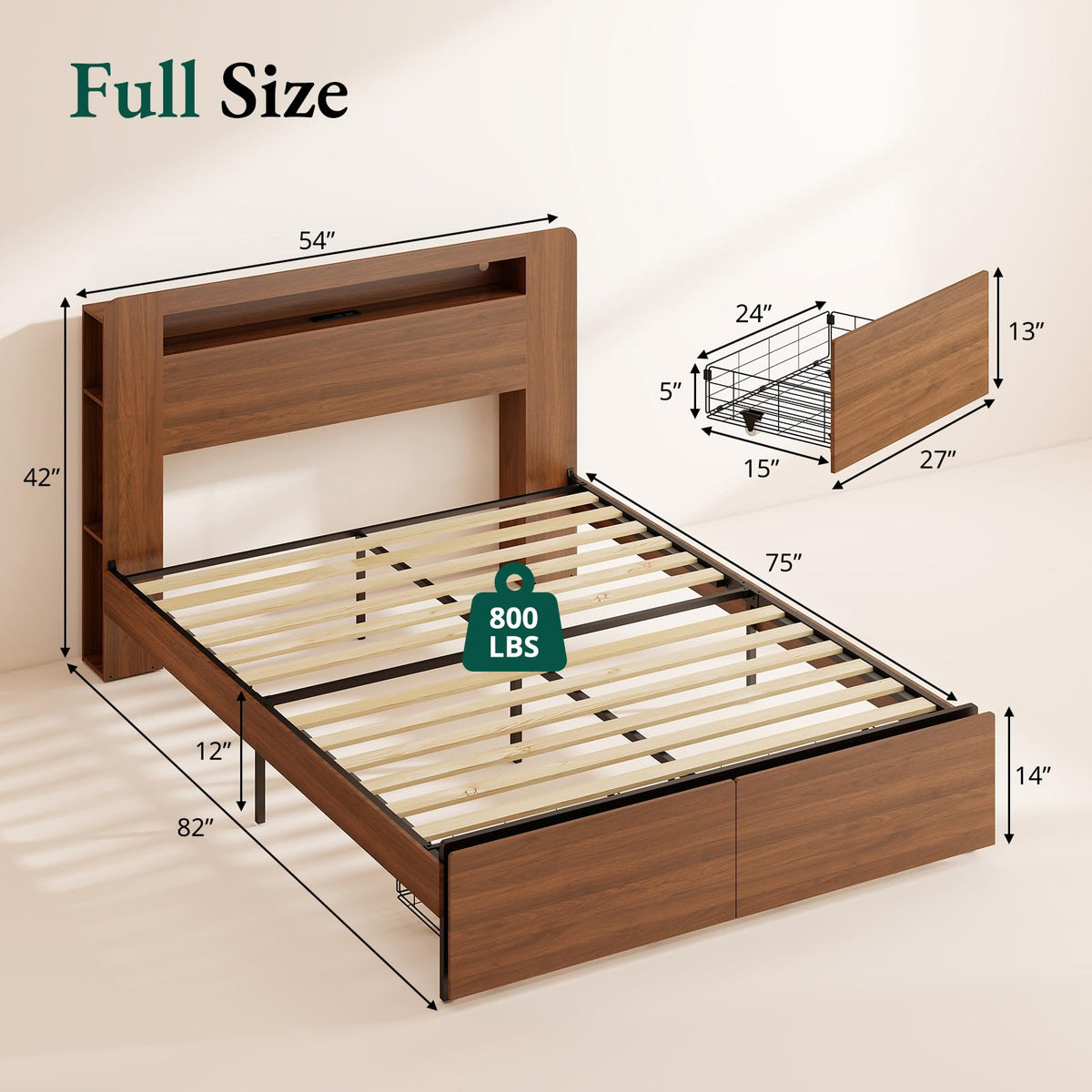 Wood Bed Frame Full with 2 Storage Drawers W4186