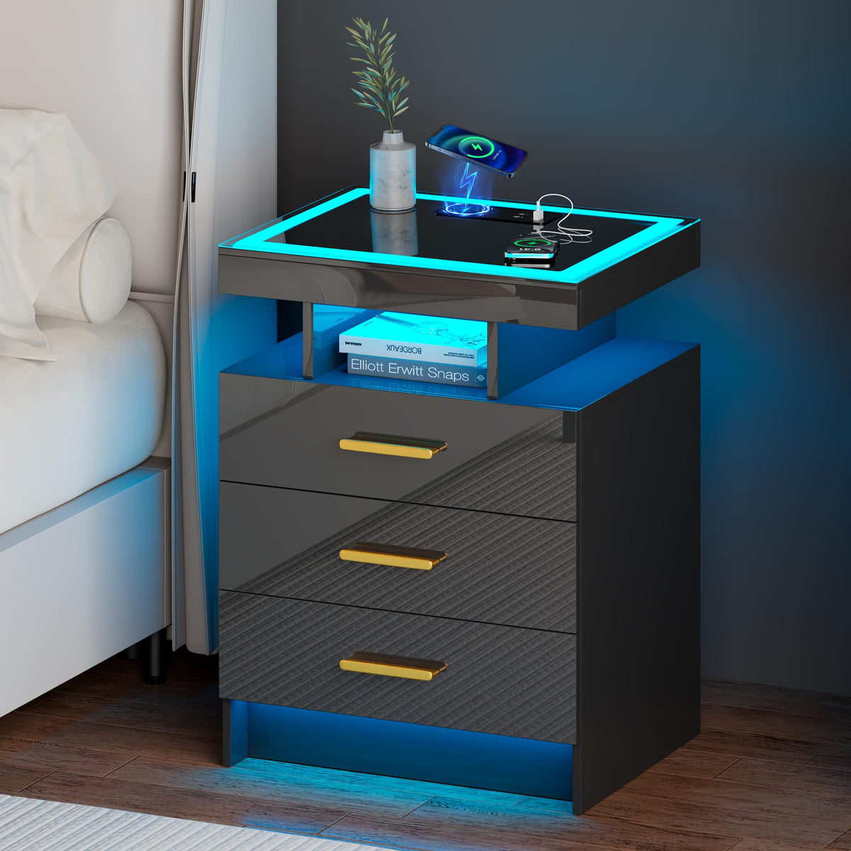 Black 3 Drawer LED Nightstand with Charging Station B3267