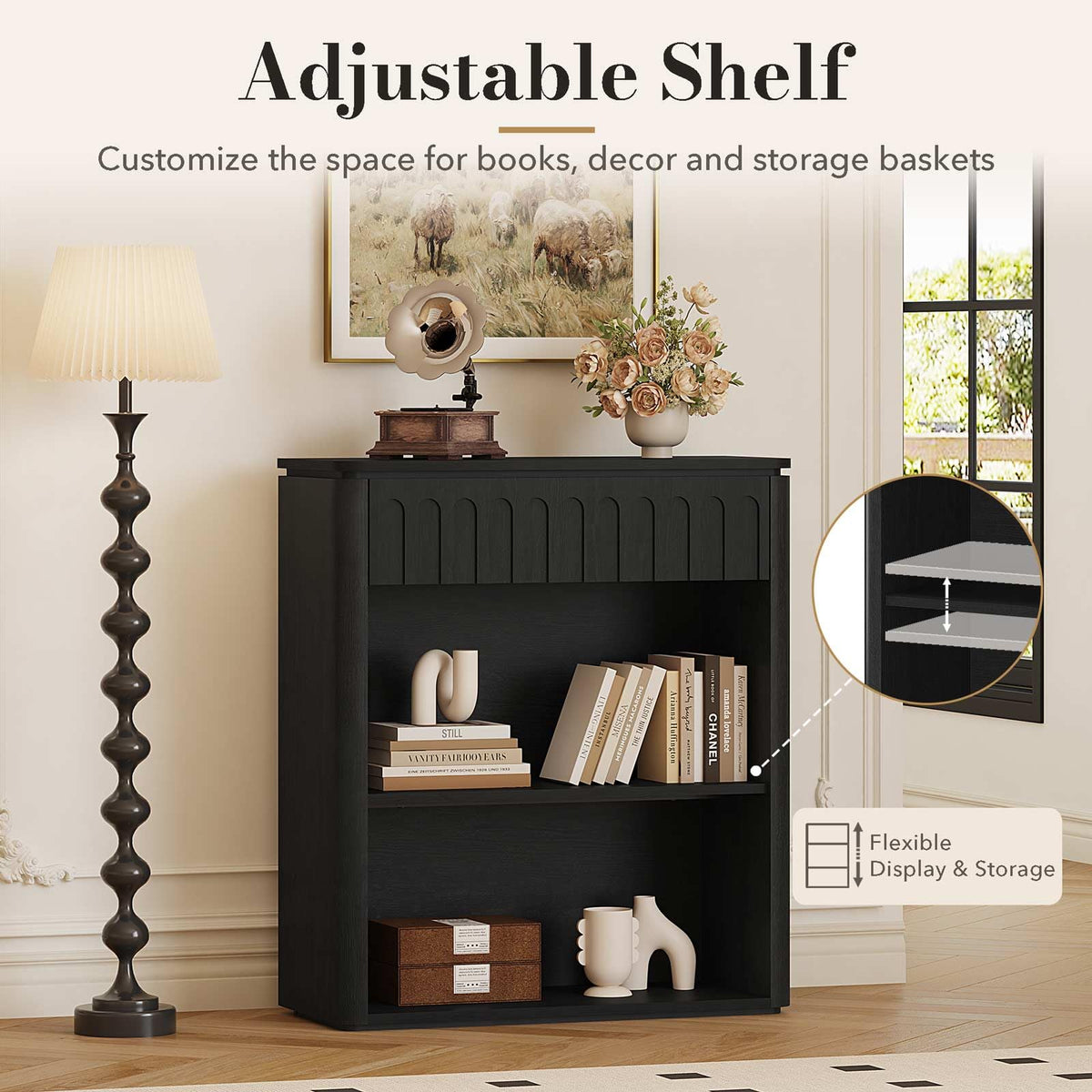 Black Wood Grain Console Table and 3 Tier Bookshelf Set S95741