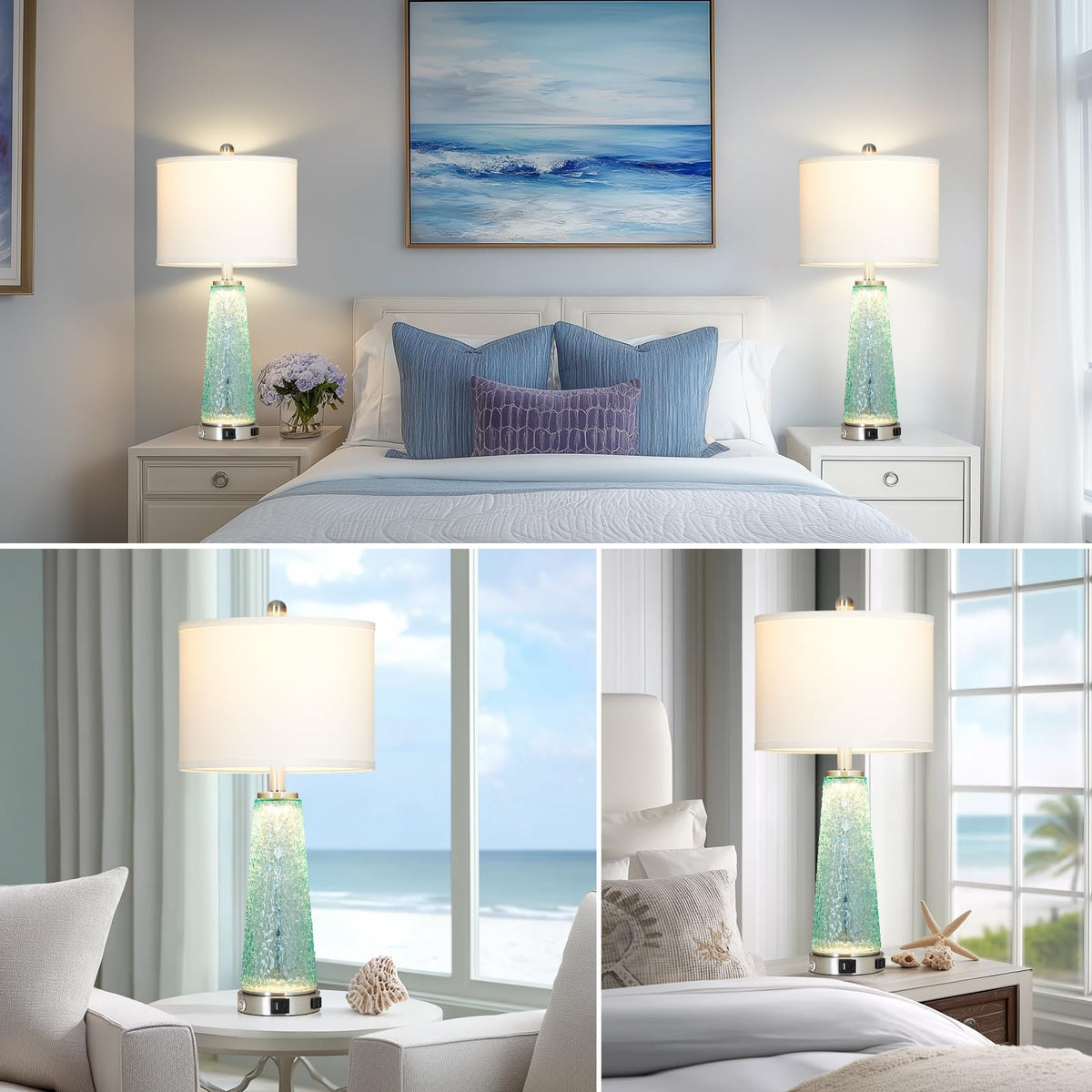 26" Glass Table Lamps with USB A+C Ports & Outlet J3783