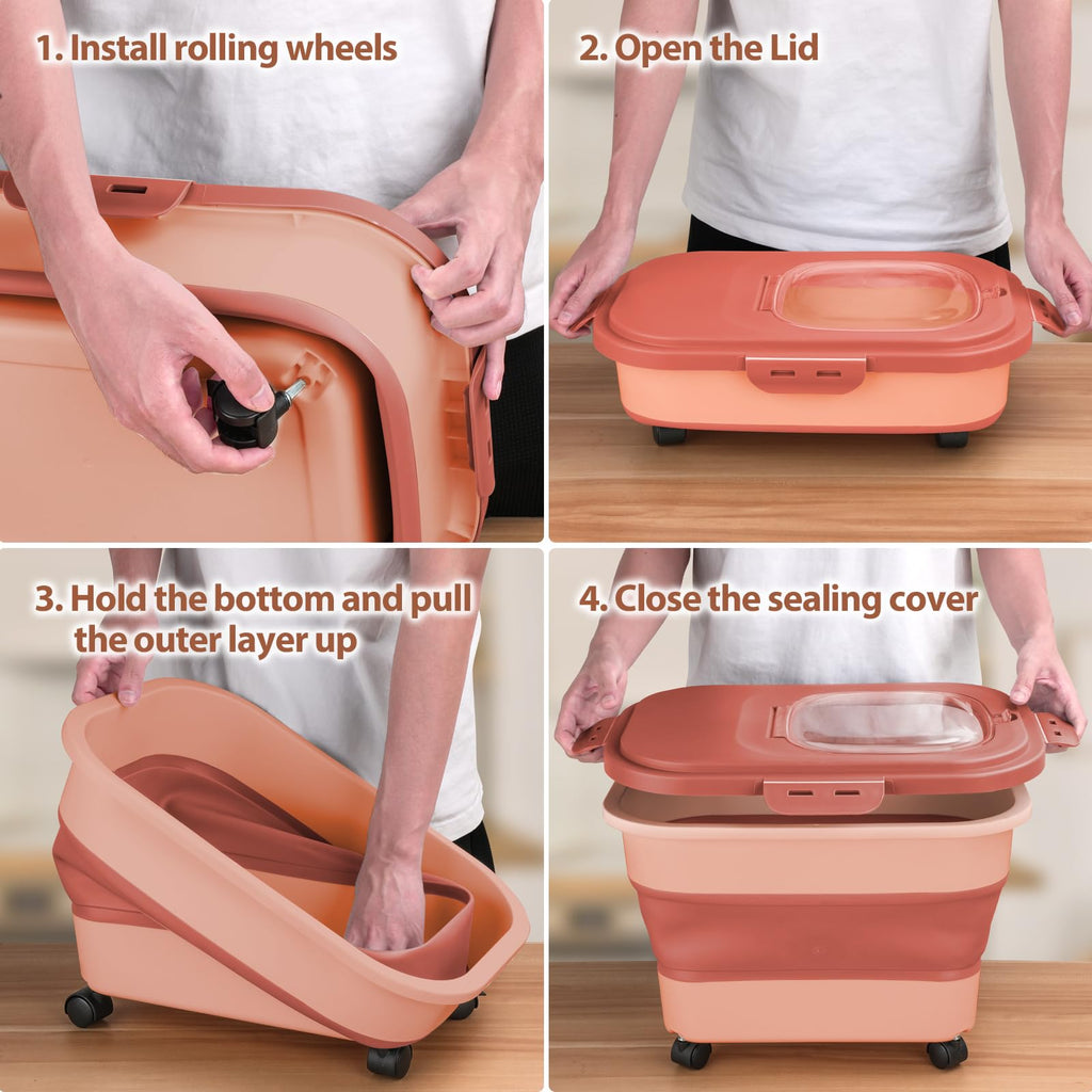 Collapsible Pet Food Storage Container with Wheel, Cup and Scoop I300479