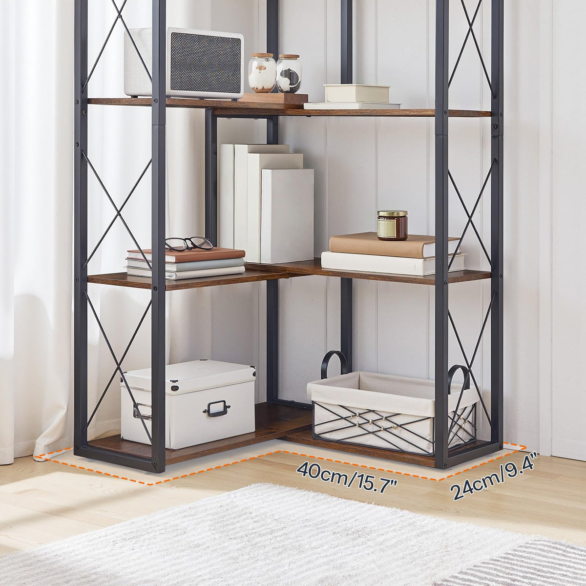 5-Tier Rustic Brown and Black Corner Bookshelf U31025