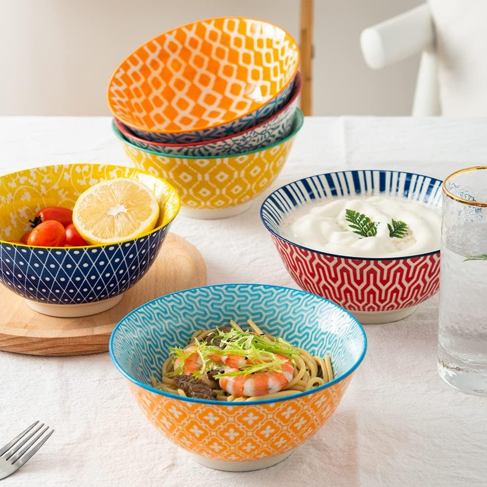 Ceramic Bowls Set 30 oz Assorted Colorful Set of 6 Microwave Dishwasher Safe O481