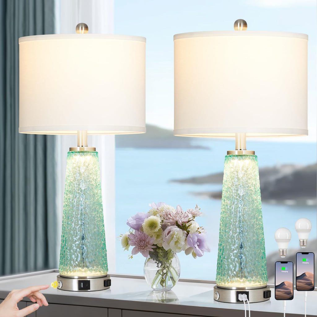 26" Glass Table Lamps with USB A+C Ports & Outlet J3783