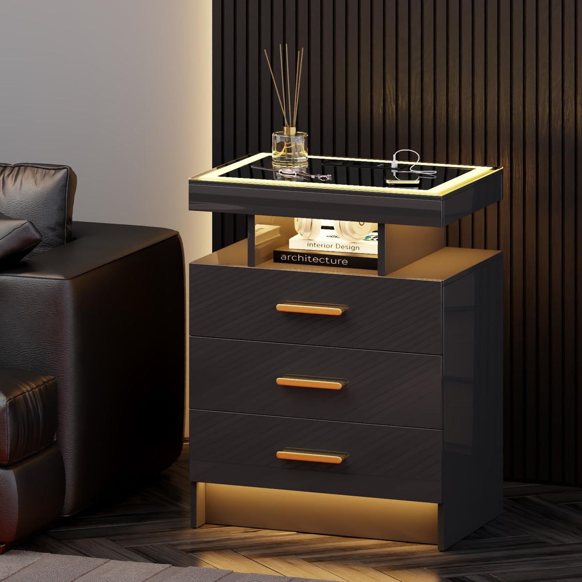 Black 3 Drawer LED Nightstand with Charging Station B3267