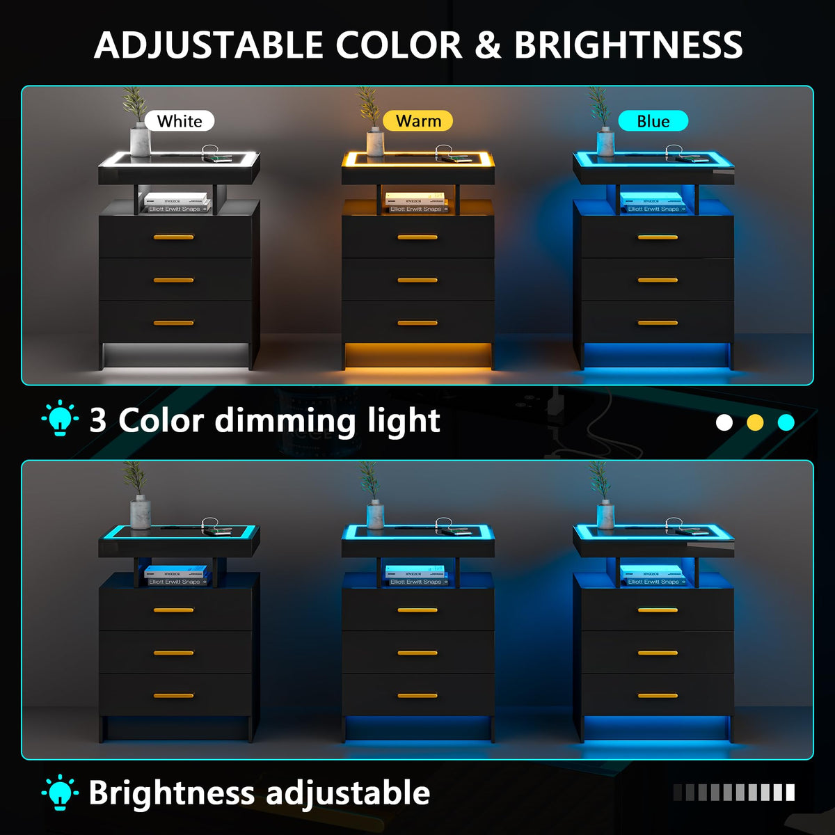 Black 3 Drawer LED Nightstand with Charging Station B3267