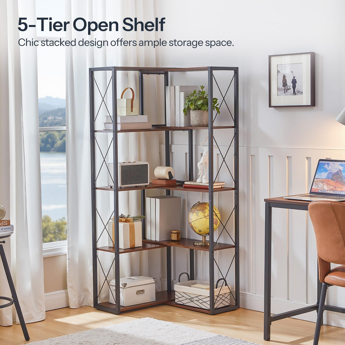 5-Tier Rustic Brown and Black Corner Bookshelf U31025