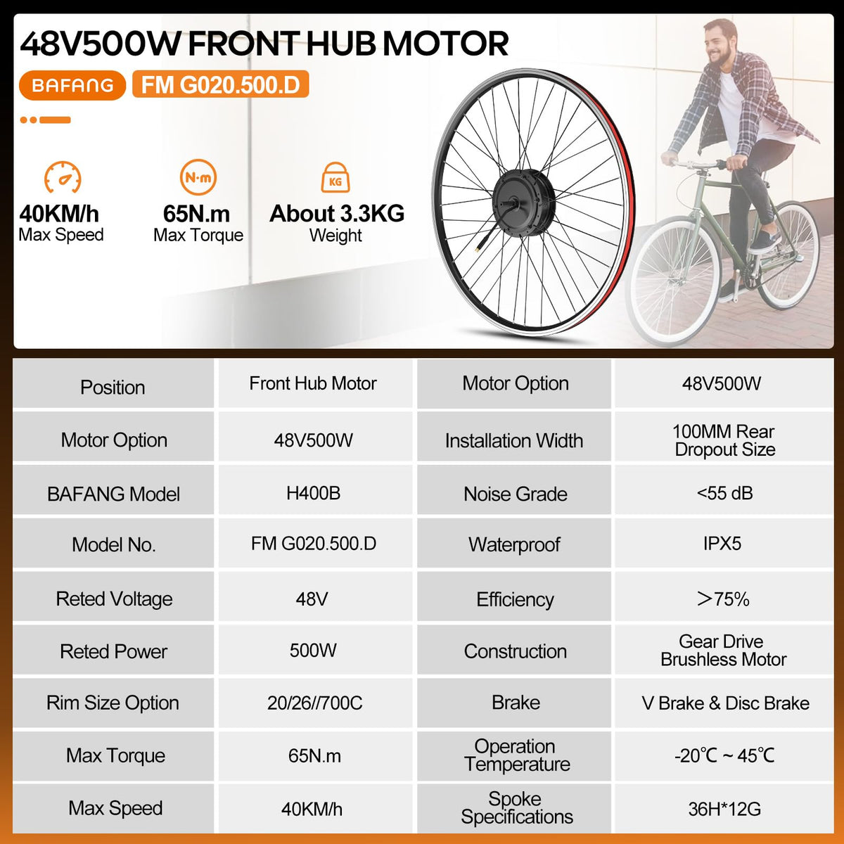 48V 500W Front Hub Motor Conversion Kit O15682