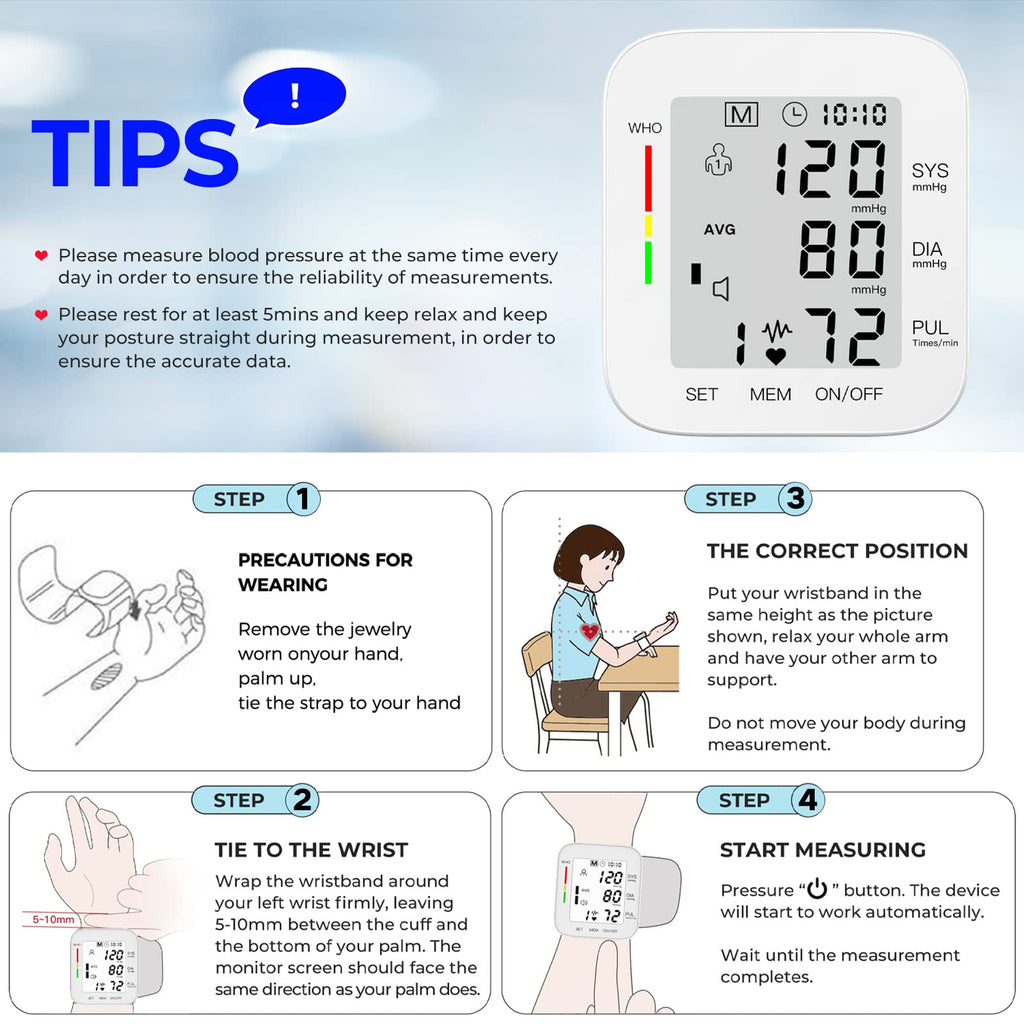 Wrist Blood Pressure Monitor Large LCD Display Adjustable Cuff 99x2 Sets Memory with Carrying Case White Pack of 5 P932063