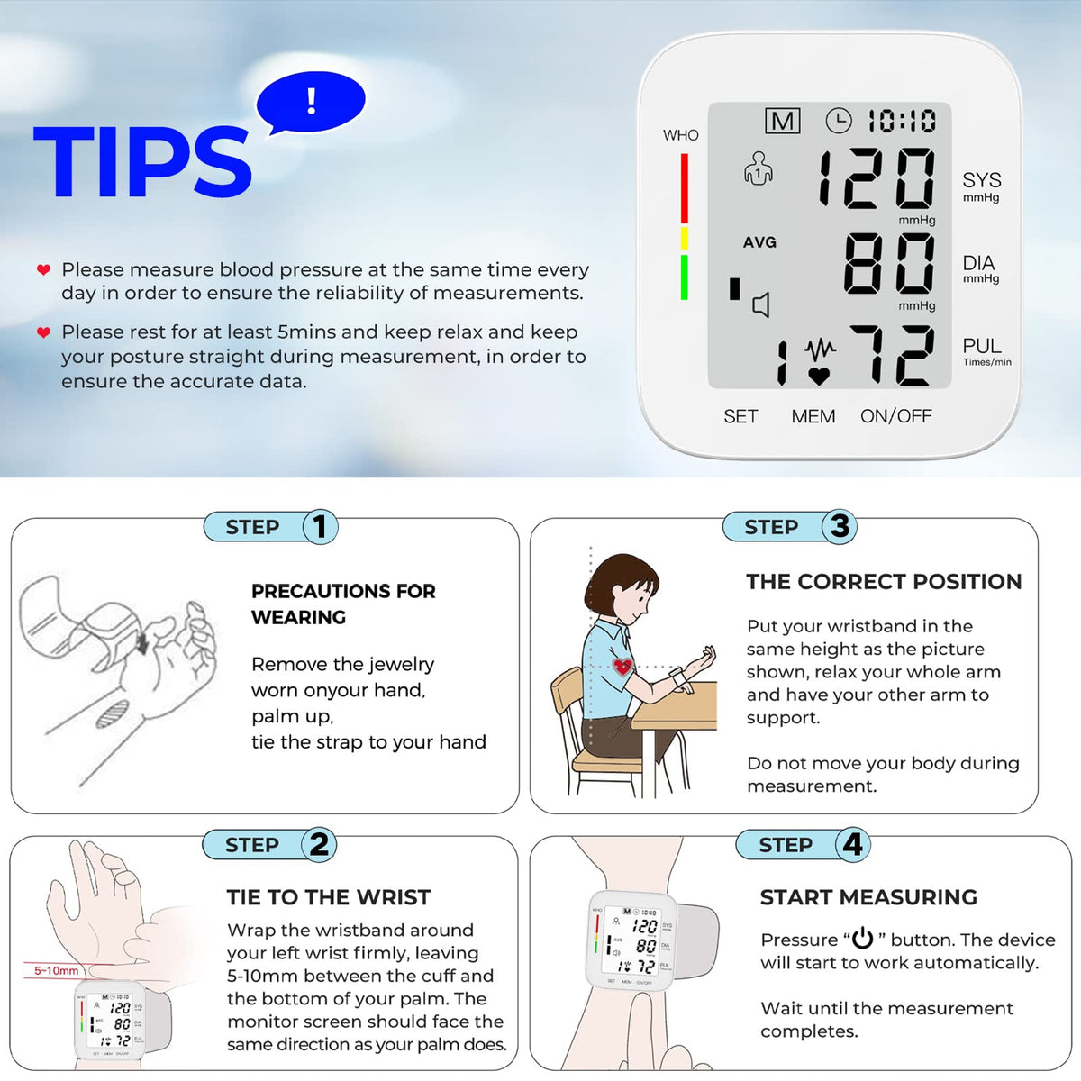 Wrist Blood Pressure Monitor Large LCD Display Adjustable Cuff 99x2 Sets Memory with Carrying Case White Pack of 5 P932063