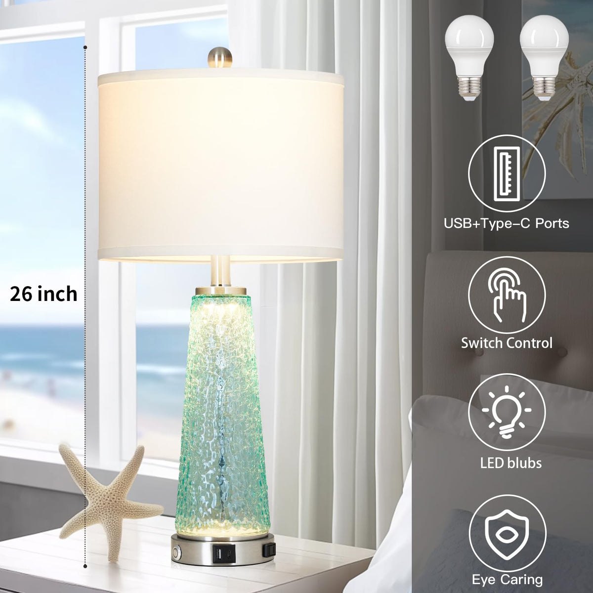 26" Glass Table Lamps with USB A+C Ports & Outlet J3783