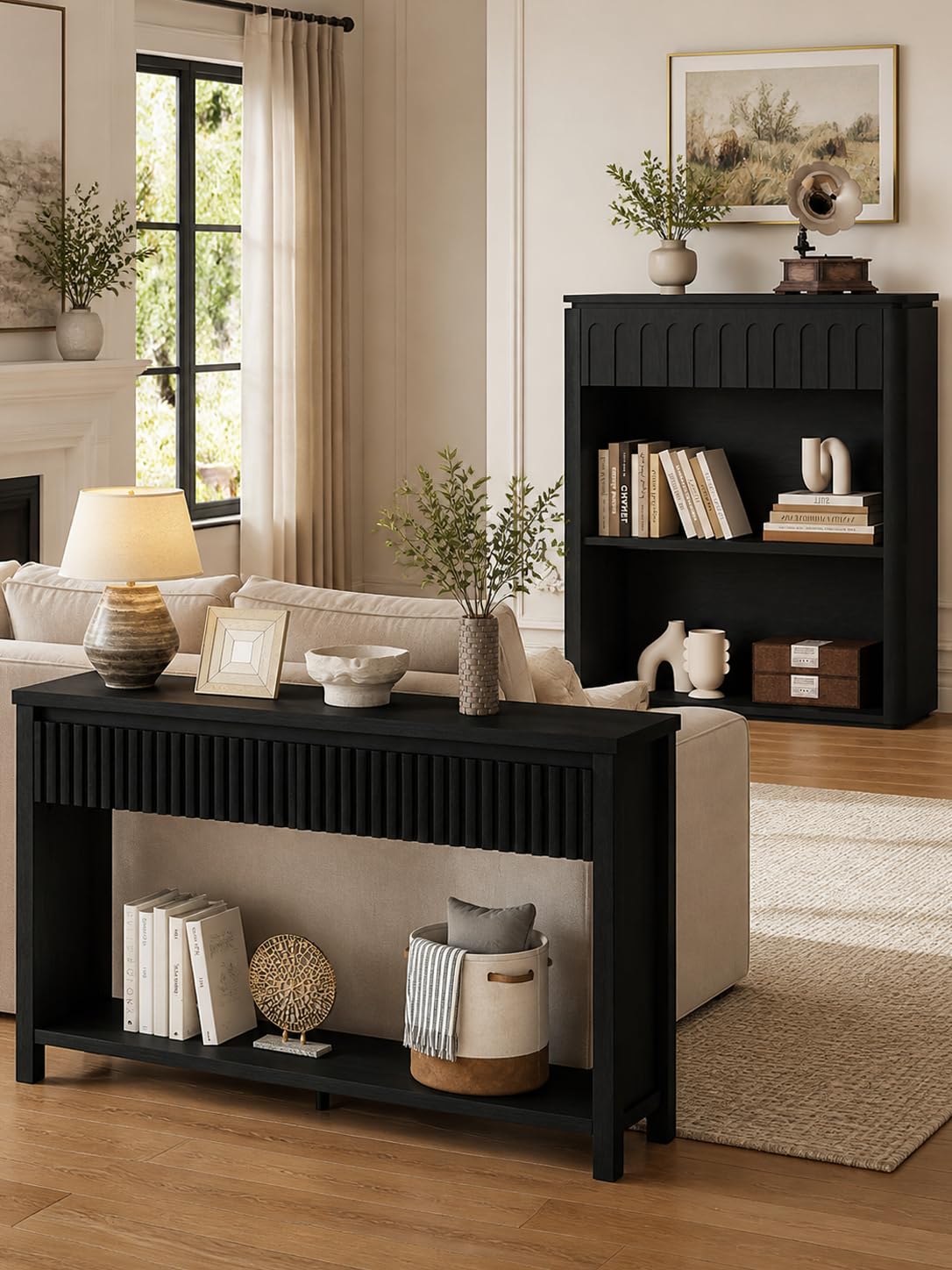 Black Wood Grain Console Table and 3 Tier Bookshelf Set S95741