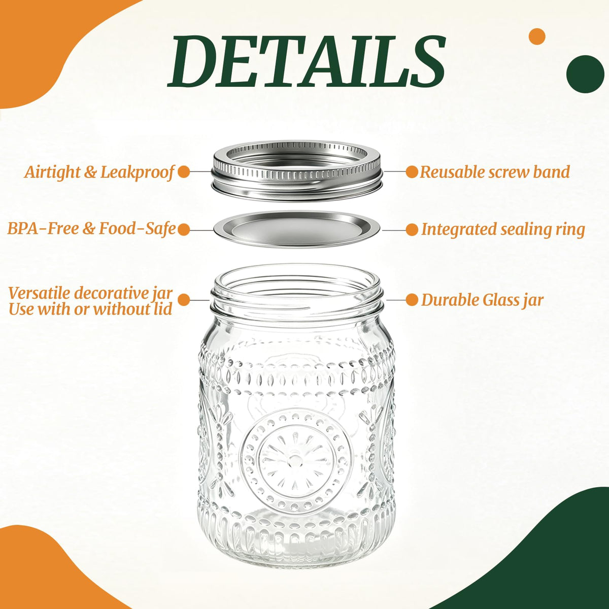6-Pack Glass Mason Jars 16 oz Wide Mouth Canning Jars O784722