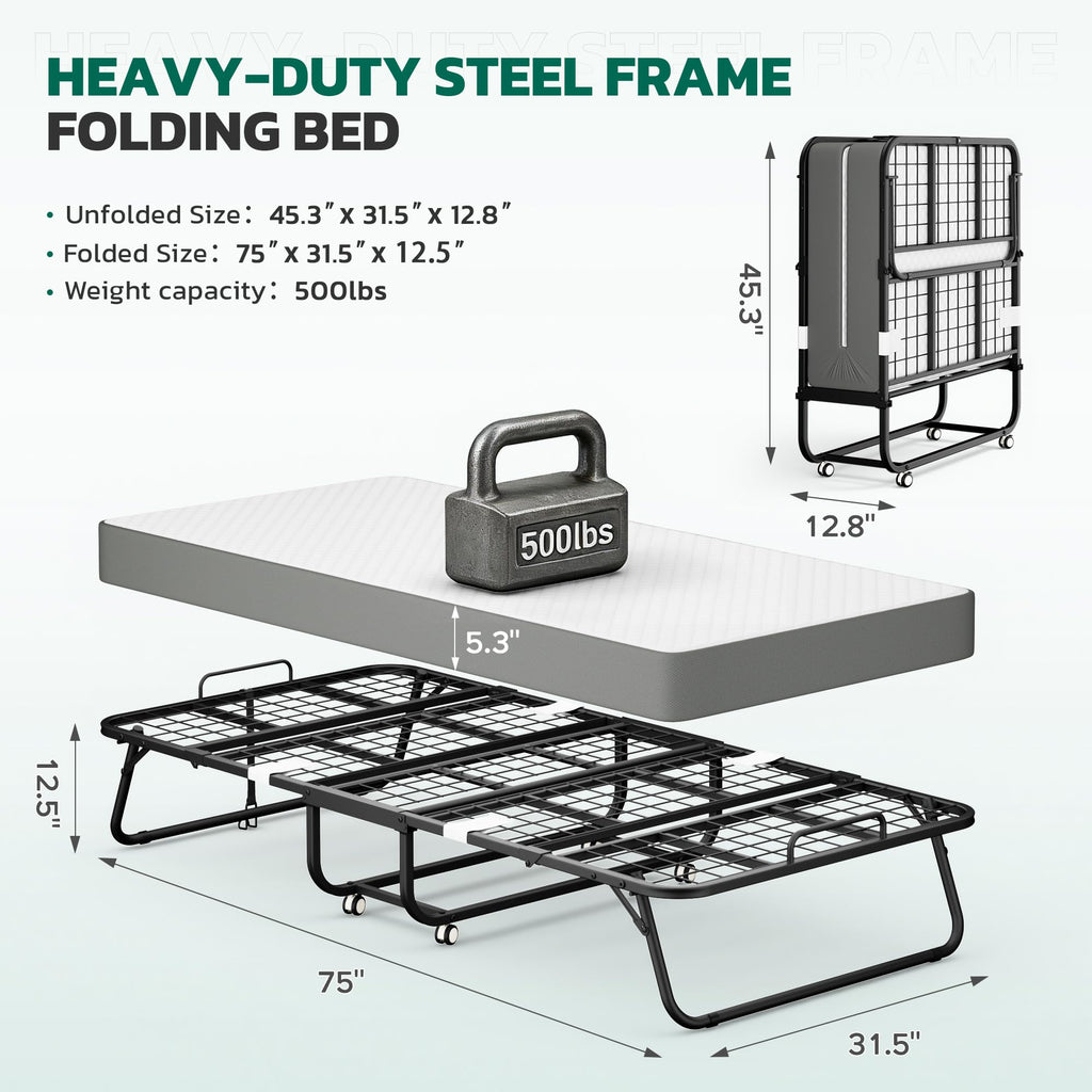 Folding Bed with Mattress Metal Frame Cot Size Q295