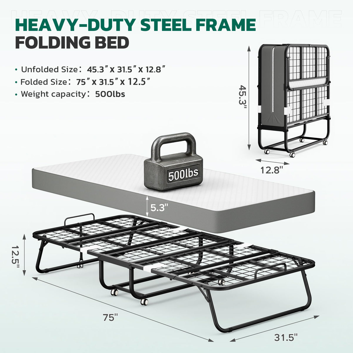 Folding Bed with Mattress Metal Frame Cot Size Q295