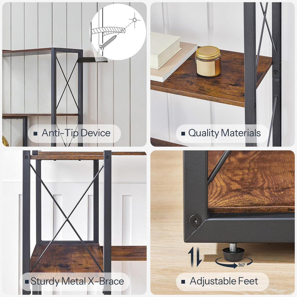 5-Tier Rustic Brown and Black Corner Bookshelf U31025