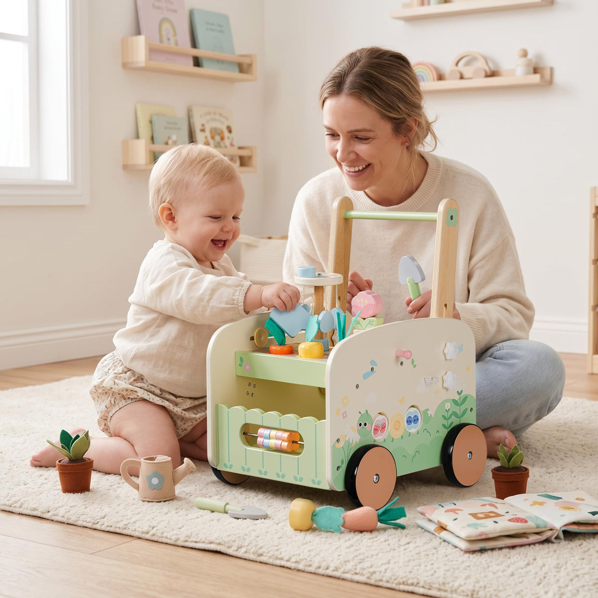 Wooden Baby Walker, 10-in-1 Activity Center Toys, Green T649