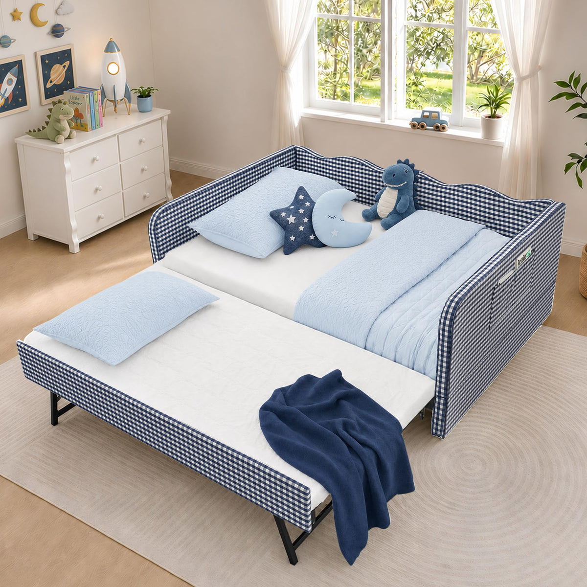 Blue Gingham Twin Daybed with Pop Up Trundle L189