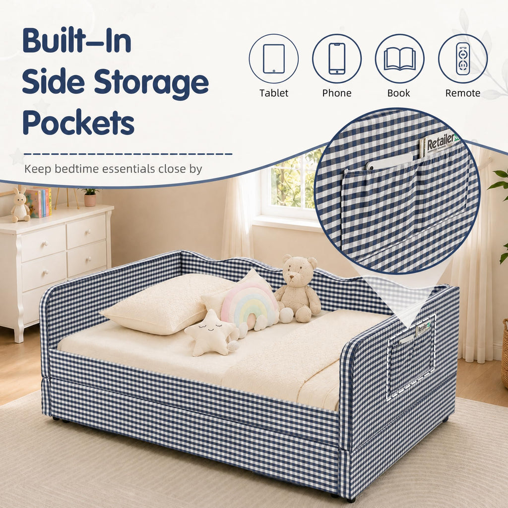 Blue Gingham Twin Daybed with Pop Up Trundle L189