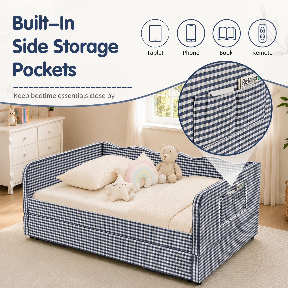 Blue Gingham Twin Daybed with Pop Up Trundle L189