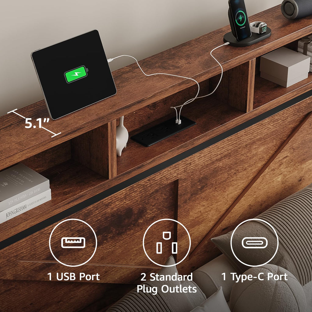 King Size Bed Frame with Storage Drawers and Charging Station I5686