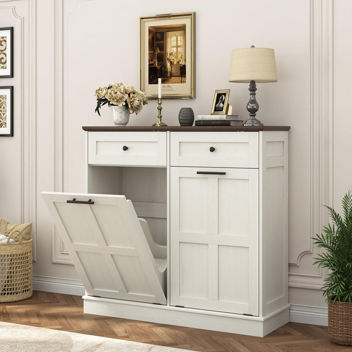Antique White 26 Gallons Wood Trash Can Cabinet with Drawers J6768