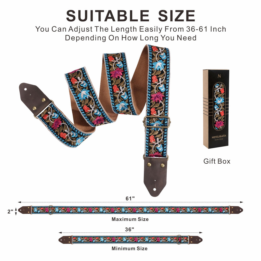 Jacquard Embroidery Cotton Guitar Strap with Leather Ends F803