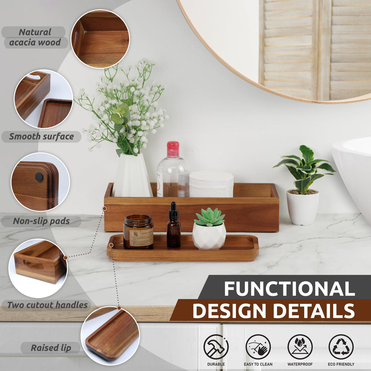 Acacia Wood Toilet Tank Topper & Vanity Tray R426276