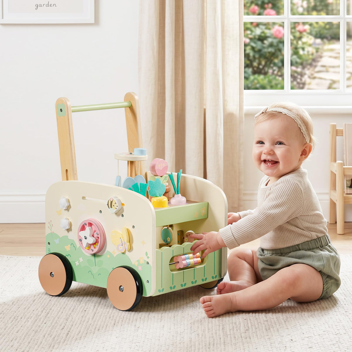 Wooden Baby Walker, 10-in-1 Activity Center Toys, Green T649