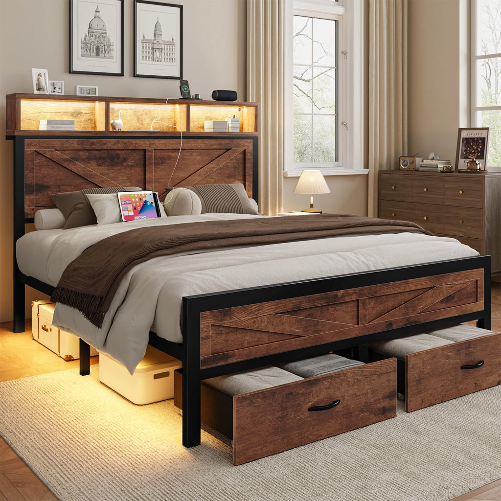 King Size Bed Frame with Storage Drawers and Charging Station I5686