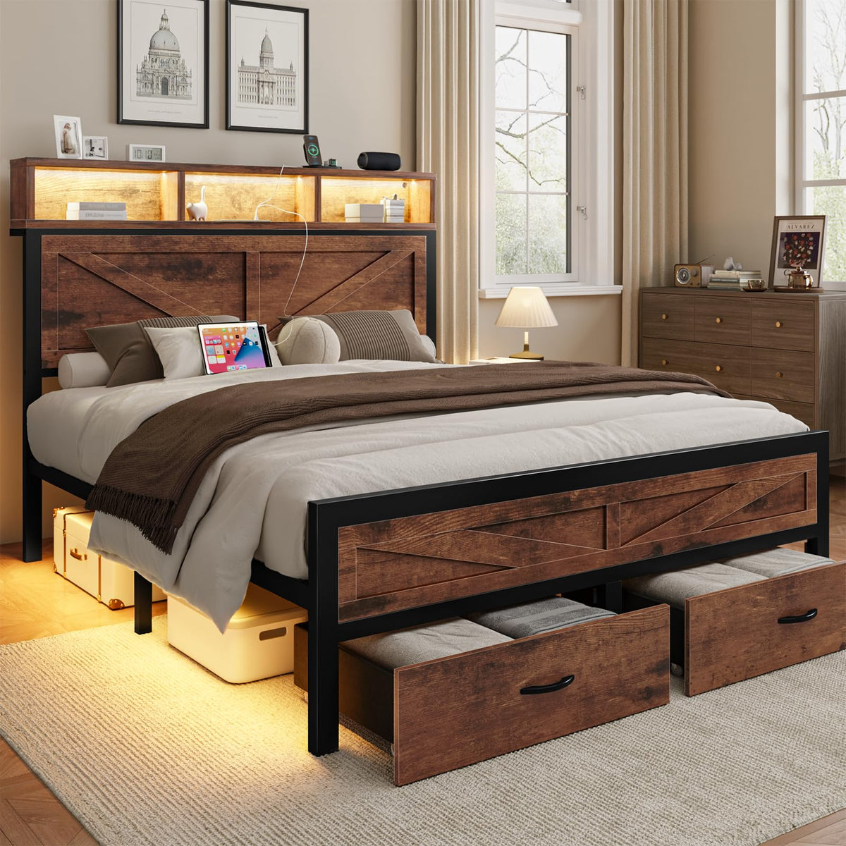 King Size Bed Frame with Storage Drawers and Charging Station I5686
