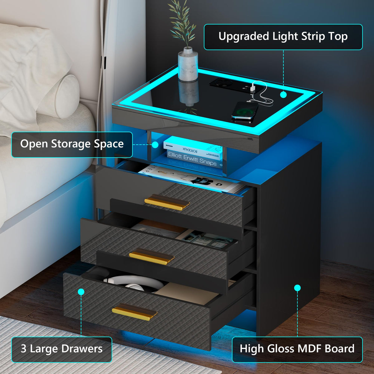 Black 3 Drawer LED Nightstand with Charging Station B3267