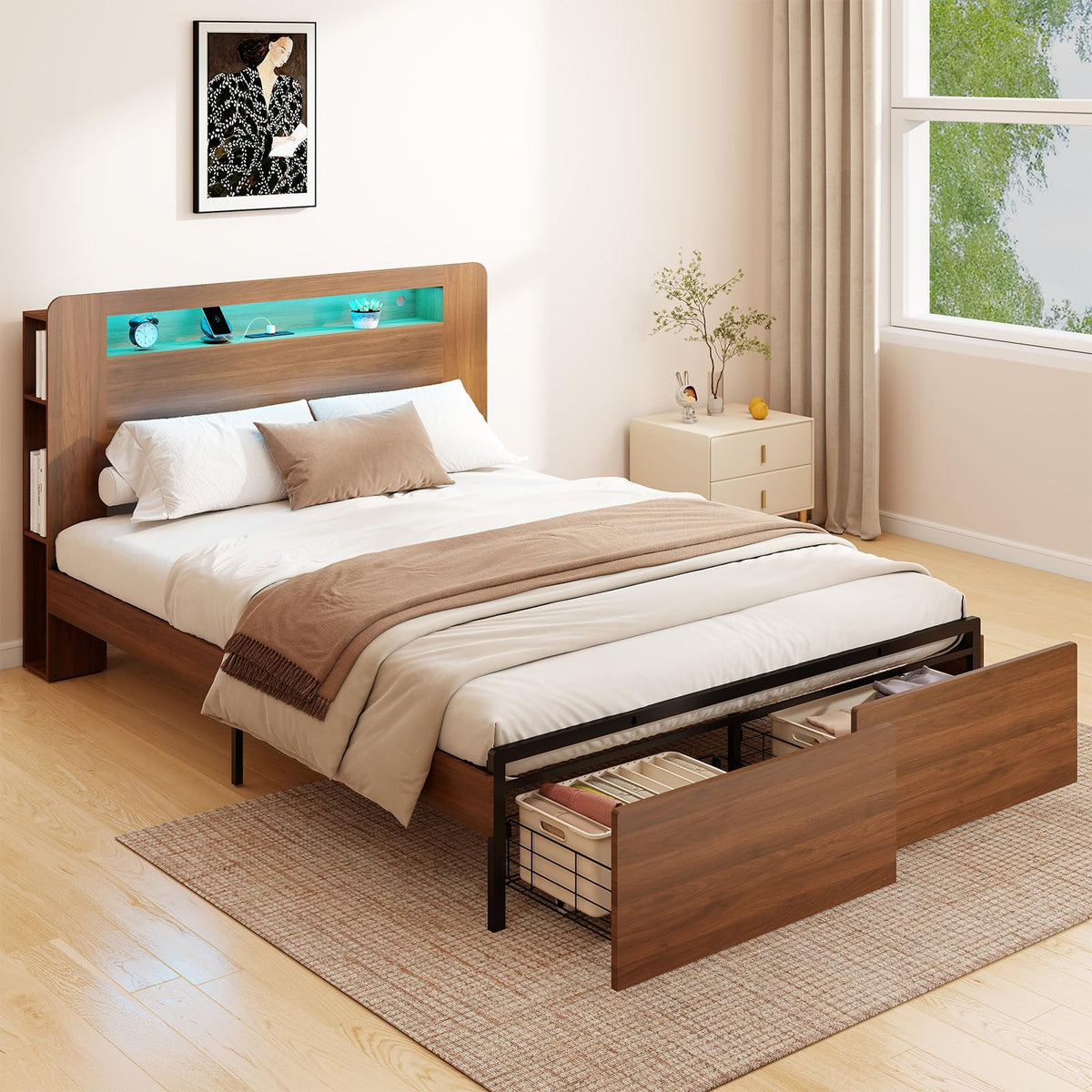 Wood Bed Frame Full with 2 Storage Drawers W4186
