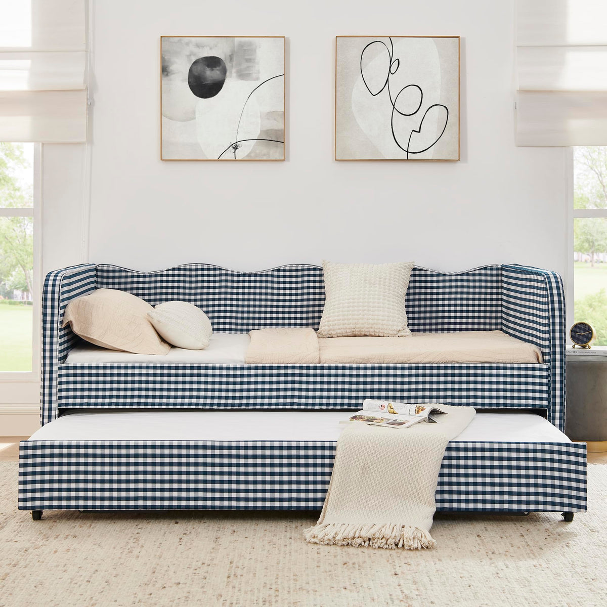 Blue Gingham Twin Daybed with Pop Up Trundle L189