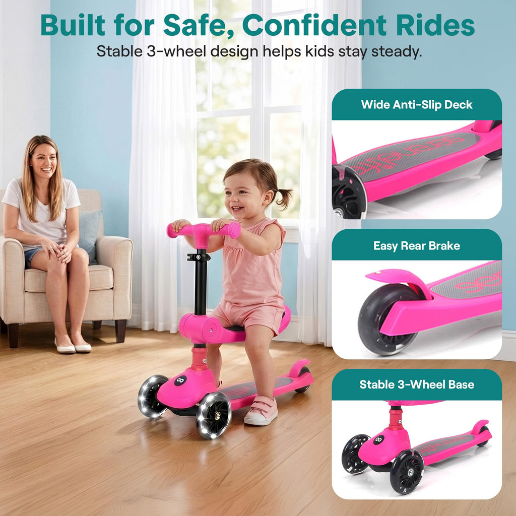 3 Wheel Scooter for Toddlers & Kids, Foldable Seat, LED Wheels, Adjustable Handlebar, Anti-Slip Deck, Rear Foot Brake, Lean-to-Steer, Pink Y977