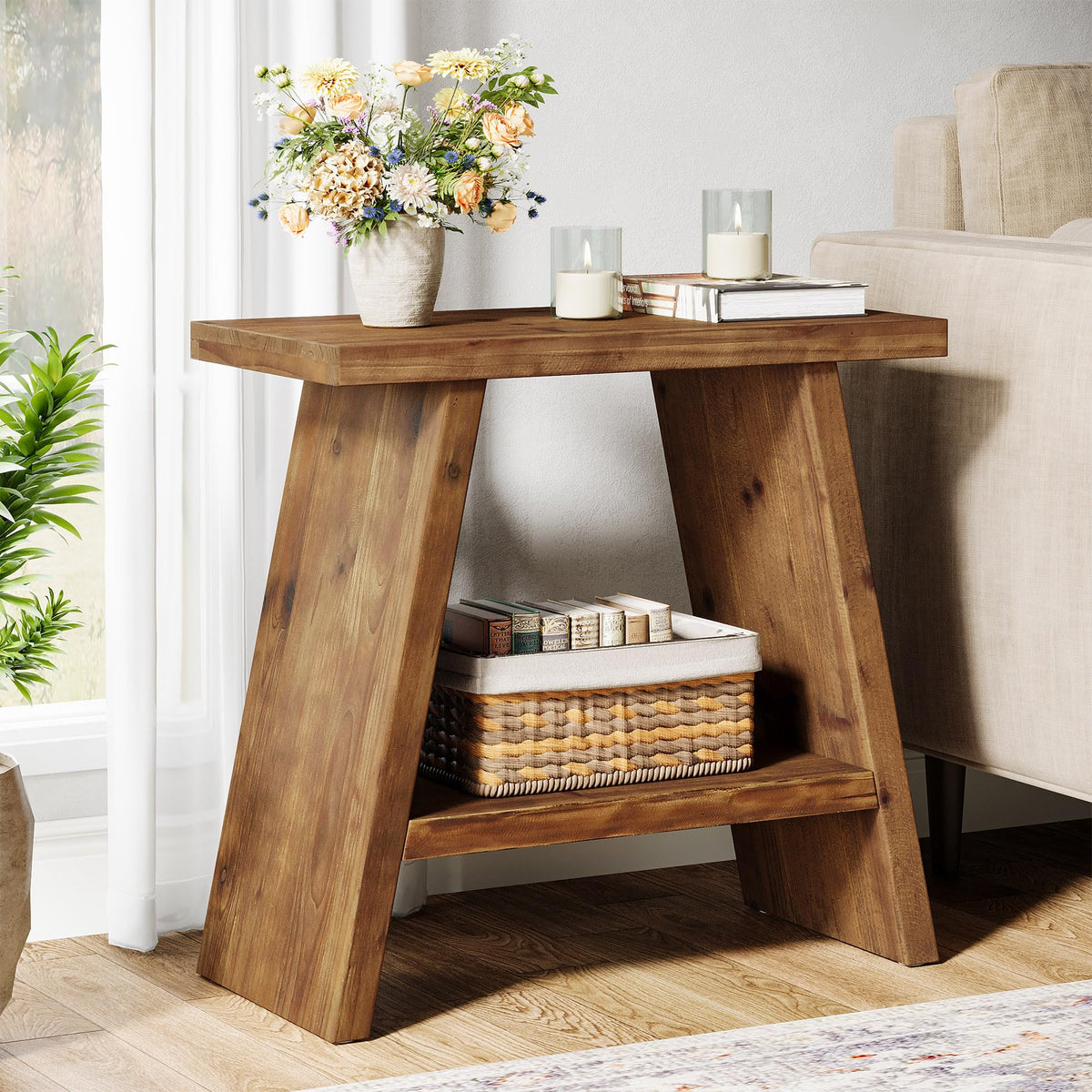Solid Wood 2-Tier Narrow End Table L15926